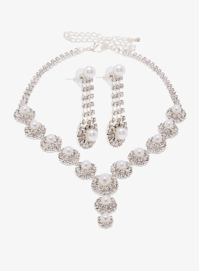 خزانة Silver Diamonte Necklace And Earrings Set